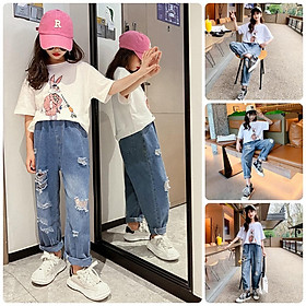 BTG12 Size110-160 Đồ bộ bé gái size đại áo thun quần jean, kiểu dáng học sinh cá tính Thời trang trẻ Em hàng quảng châu