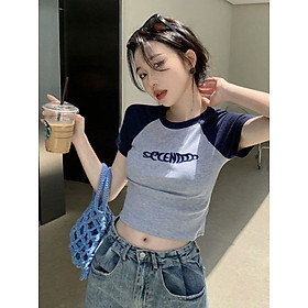 Áo croptop kiểu nữ 2N Unisex SÊCEN tay ngắn màu xám phối xanh