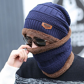 Mũ len lót lông kem khăn len lót lông chụp cổ mũ của đàn ông mùa đông Hàn Quốc sóng len mũ dày đan mũ mùa thu và đội mũ mùa đông MS57