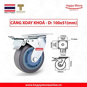Bánh xe đẩy cao su xám tải nặng càng xoay khóa kép - 100-125mm - Happy Move Thái Lan