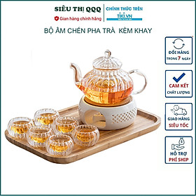 Mua Combo bộ ấm chén pha trà thủy tinh chịu nhiệt kèm khay trà gồm ấm có lõi lọc thủy tinh 6 chén trà 2 lớp và 1 đế nến châm trà và 1 khay đựng bằng gỗ tre - Hàng chính hãng