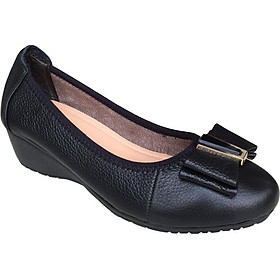 Giày nữ đế xuồng 3cm Trường Hải đính nơ xinh màu đen da bò cao cấp mềm mại đế xuồng cao su chống mòn không trơn DX0311
