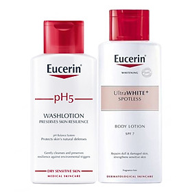 Bộ Sữa Tắm Cho Da Nhạy Cảm Eucerin pH 5 Washlotion Có Mùi (200ml) Và Sữa Dưỡng Thể Làm Sáng Da Eucerin White Therapy Body Lotion SPF 7 (250ml)