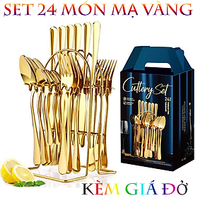 Mua BỘ DAO MUỖNG NĨA CHẾ TÁC MẠ VÀNG CAO CẤP KÈM GIÁ ĐỞ FULL BOX CỰC ĐẸP