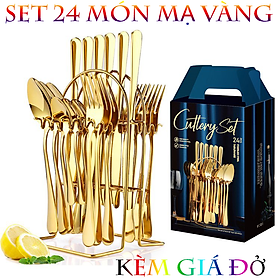 BỘ DAO MUỖNG NĨA CHẾ TÁC MẠ VÀNG CAO CẤP KÈM GIÁ ĐỞ FULL BOX CỰC ĐẸP