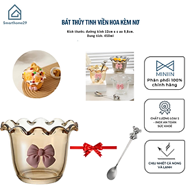 Mua Cốc - Bát Thuỷ Tinh Viền Sóng Kèm Nơ và Thìa Gấu Siêu Xinh - Bát Ly Cốc Thuỷ Tinh To 450ml Ăn Sữa Chua Ngũ Cốc Chè Hoa Quả Cao Cấp Sang Trọng- HÀNG CHÍNH HÃNG MINIIN-Tặng Kèm Thìa