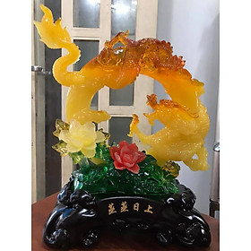 RỒNG VÀNG PHONG THỦY LƯỢN UỐN CONG NGẦU BIỂU TƯỢNG SỨC MẠNH TRÊN HOA ĐẾ GỖ ĐỂ BÀN CAO 45cm Đk 36cm Sâu 17cm MỆNH KIM THỔ THUỶ