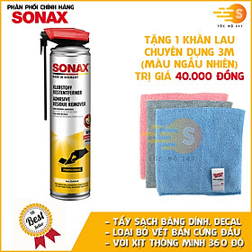 Chai xịt tẩy keo, nhãn dán, băng dính, decal, bụi sơn trên nhựa Sonax 477300 400ml - tặng 1 khăn 3M màu ngẫu nhiên - Vòi xịt thông minh 360 độ, làm sạch nhanh các vết băng keo, an toàn trên sơn, sắt, nhựa, gỗ, sứ