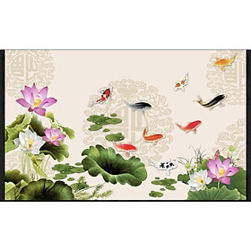 Mua tranh cá chép hoa sen dán tường 3d. tranh in vải lụa không thấm nước siêu bền - 1