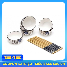 Bộ chén đũa sứ cao cấp (6 chén và 6 đũa) - Họa tiết hoa mai