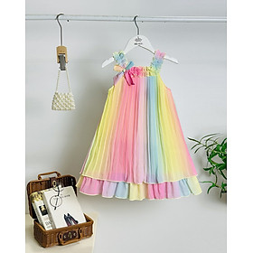 Đầm babydoll cho bé gái màu loang cầu vồng phong cách Hàn Quốc từ 10-35kg chất voan mềm mát