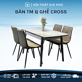 ộ bàn ăn thông minh mặt đá ceramic bóng kéo dài 1m4 kết hợp ghế Cross, bàn ăn mặt đá phiến (Ceramic) bóng 4 ghế 6 ghế