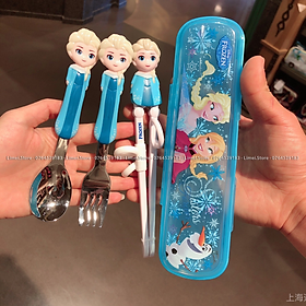 Set bộ 3 món muỗng + đũa + nĩa Disney hình Elsa tập ăn cao cấp cho bé trai bé gái