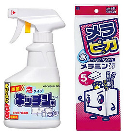 Combo Chai xịt tẩy rửa đồ dùng nhà bếp 300ml Rocket + Set 5 miếng mút lau chùi Melamine nội địa Nhật Bản
