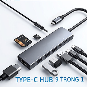 [Có sẵn] Bộ Chia Hub USB Type C Ra 9 Cổng USB 3.0, HDMI, sạc PD, thẻ SD, TF, tai nghe 3.5mm