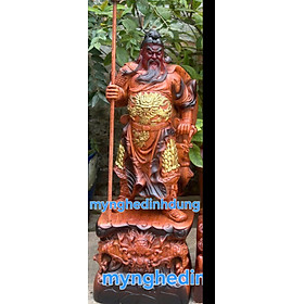Tượng quan công cầm đao trấn ải bằng gỗ hương đa tô làm mầu giả cổ kt cao 60×25×15cm