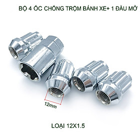 Bộ 4 ốc khóa chống trộm bánh xe ô tô kèm 1 đầu mở, loại M12 hoặc M14 tùy chọn