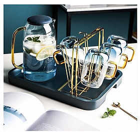 Mua Bộ bình ly cốc thủy tinh cao cấp 1 Bình 6 cốc kèm khay úp ly cốc mạ vàng và khay gỗ tre xanh 30 cm