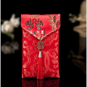 [Có Gắn Logo Hỷ trên Nơ] Phong Bì Đỏ Thổ Cẩm thêu Hoa vải gấm Song Hỷ Cưới Hỏi-Nạp tài,Quà tặng năm mới