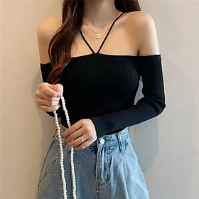 (ảnh thật) Áo Thun Dài Tay Cổ Yếm Croptop Ôm body Hở Vai Sang Chảnh