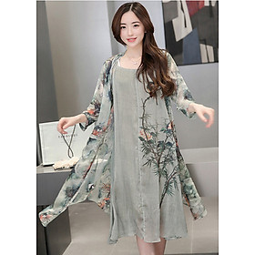 Đầm suông dạo phố kiểu set đầm suông phối áo khoác in họa tiết ROMI 0390