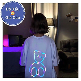 Áo thun trắng phản quang hình gấu from rộng tay lỡ chất vải cotton dày dặn