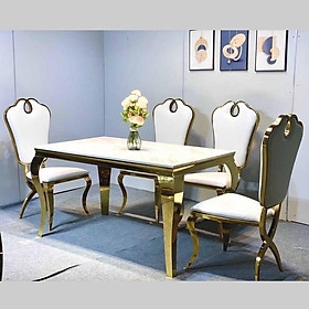 Mua Bàn ăn mặt đá cẩm thạch nhân tạo cao cấp khung inox mạ vàng kết hợp ghế Queen khung thép mạ vàng PVD