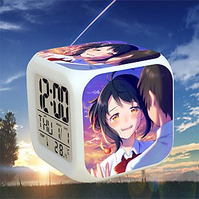 Đồng hồ báo thức để bàn in hình YOUR NAME KIMINONAWA đèn LED đổi màu anime chibi xinh xắn