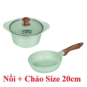 Combo chảo đúc và nồi đúc 7 lớp chống dính men đá size 20cm đáy từ dùng được mọi loại bếp Greencook-Hàng chính hãng