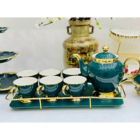 Mua Bộ ấm chén kèm khay màu xanh khung kim loại mạ vàng màu xanh cổ vịt