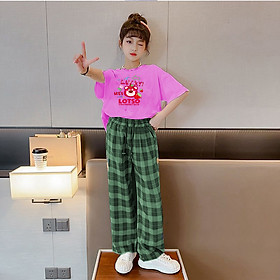 Set Áo Thun CROPTOP Ngắn Tay In Hình Gấu LOTTSO Và Quần Dài Ống Rộng Họa Tiết Caro Thời Trang LAZAKIDS Cho Bé Gá