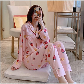 Bộ pijama nữ cotton tay dài quần dài xuân hè thu màu sắc ngọt ngào dễ thương BK08