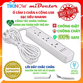 Ổ Cắm Điện Đa Năng Có 4 Cổng USB Sạc Điện Thoại Tối Đa 12W và Ổ Điện Chịu Tải 2500W Dây Nối Dài 2M Chọn Màu Chính Hãng miDoctor