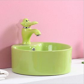 Bộ chậu rửa tay trẻ em hình tròn, kèm vòi lavabo hình con voi, màu xanh lá