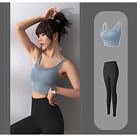 Quần Áo Thể Thao Nữ 2 Món Quần Dài Và Áo Bra Xanh Xám, Bộ Đồ Tập GYM, Yoga Nữ Chất Thun Phối Lưới