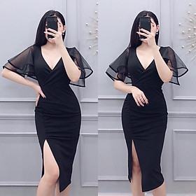 Đầm body dự tiệc xẻ tà tay phối ren cực sang chảnh quyến rũ/ có 3 màu