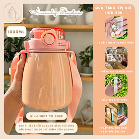 Bình Giữ Nhiệt Cute Chất Lượng Cao Dung Tích Lớn 1000ml Có Ống Hút Kèm Theo, Tặng Sticker 2D, 3D