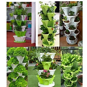 Chậu tháp 3 cánh, Chậu Tháp Trồng Rau Hữu Cơ  Trồng Hoa Dâu Tây - Tiết Kiệm diện tích, tiện lợi, dễ dàng sử dụng tùy chọn số tầng, màu xanh, trắng,