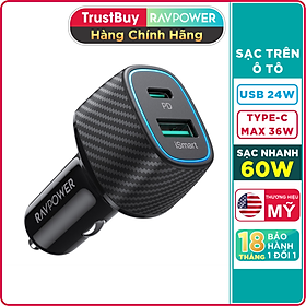 Mua Củ Sạc Tẩu Sạc Ô Tô Tổng 60W 1 Cổng Type C 36W Và 1 Cổng USB QC 3.0 24W RAVPower RP-VC009 - Hàng Chính Hãng