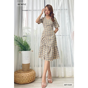 Đầm caro đuôi cá xếp ly BEMINE MT1549XAM