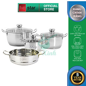 Bộ nồi xửng cao cấp Fivestar 4 món 3 đáy từ , nắp kính ( tặng 1 sạn inox )