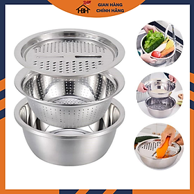 Rổ bào inox có chậu, Mâm nạo củ quả tiện lợi 3 trong 1( tặng kèm 1 dụng cụ nạo hoa quả)