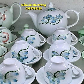 Mua Ấm chén Bát Tràng cao cấp  Ấm chóp lửa hoạ tiết sen xanh