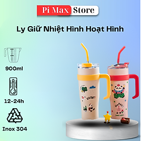 Ly Giữ Nhiệt Nhám Hình Hoạt Hình Tặng Kèm Ống Hút Bình Giữ Nhiệt Inox  , Cốc Giữ Nhiệt Có Tay Cầm