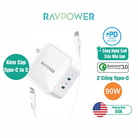 Củ Sạc Điện Thoại Laptop RAVPower RP-PC128 Kèm Cáp C To C PD 90W Công Nghệ GaN - Hàng Chính Hãng
