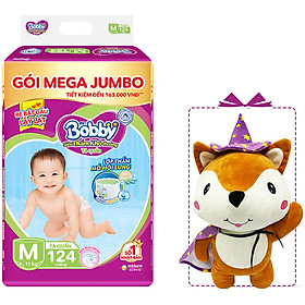Tã Quần Bobby Đệm Lưng Thấm Mồi Hôi Lưng Mega Jumbo M124 - Tặng 1 cáo bông xinh xắn