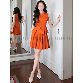 Set áo váy cam xếp ly NGADO , set áo váy ngắn , set áo váy nữ , set công sở