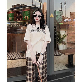 Bộ quần áo nữ dáng quần dài caro màu be chất dày dặn  Size từ 43-60kg