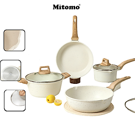 Set nồi chảo 4 món tráng đá chống dính Mitomo Granite có nắp đậy nấu ăn tiện dụng phù hợp với mọi loại bếp