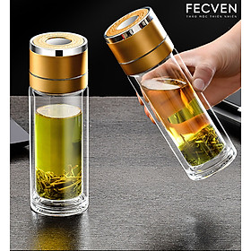 Bình Thủy Tinh Pha Trà Fecven 2 Lớp Có Lõi Lọc Inox, Mở Đóng Nắp Tự Động Chỉ Với Một Nút Bấm, Dung Tích 400ml - Màu Vàng Đồng